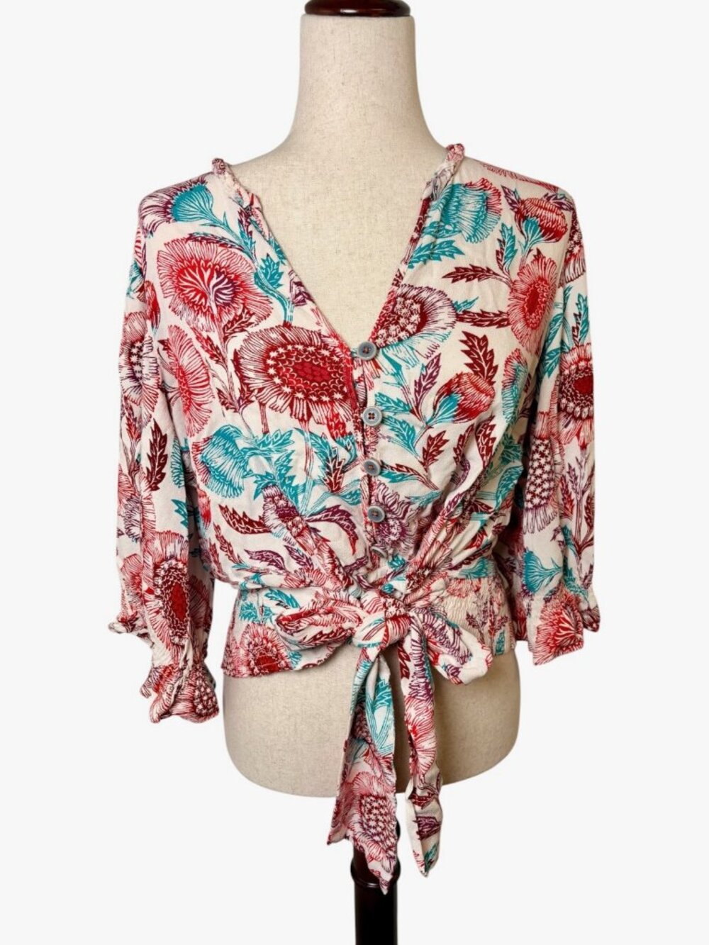 Anthropologie Tugboat Printshop Saraya Floral Tie Front Blouse Size Medium